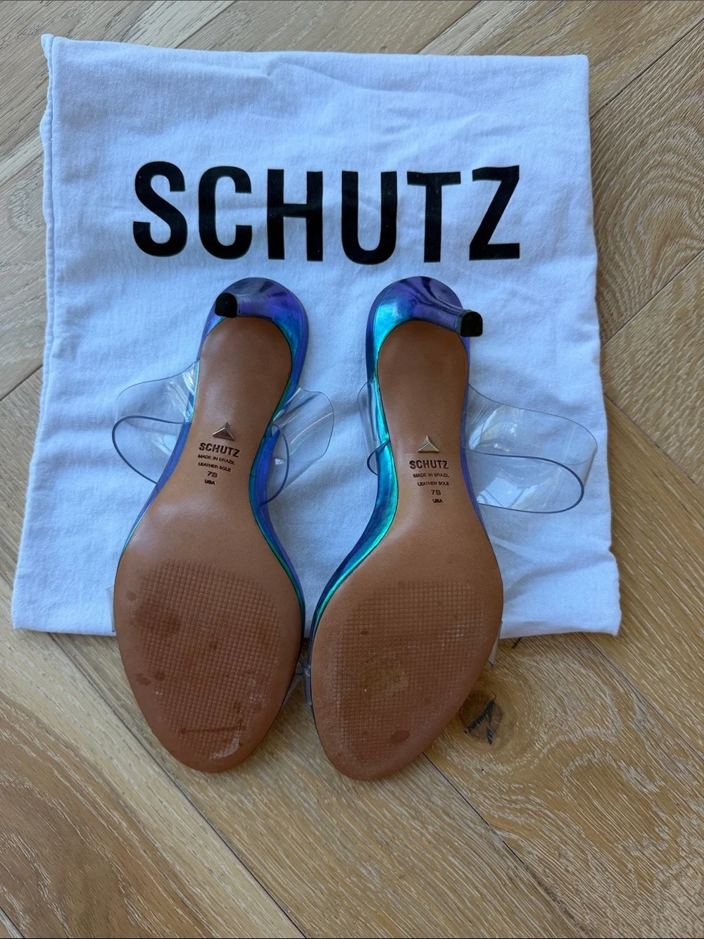 SCHUTZ Iridescent Teal Open-Toe Stiletto Heels with Clear Straps